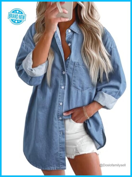 Tops - Women's Cotton Denim Button Down Shirt Long Sleeve Casual Boyfriend Blouse